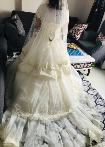 Vintage Dantel Detaylı Uzun Kollu Straplez Gelinlik - Görsel 9