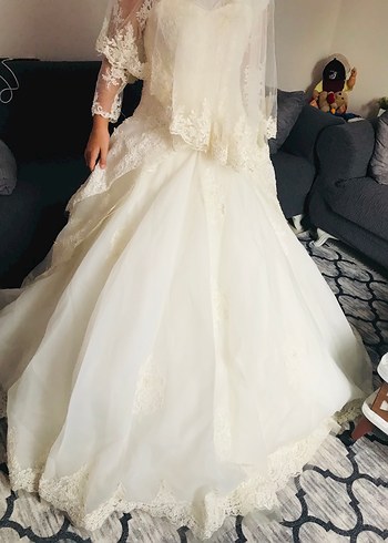 Vintage Dantel Detaylı Uzun Kollu Straplez Gelinlik - Görsel 10