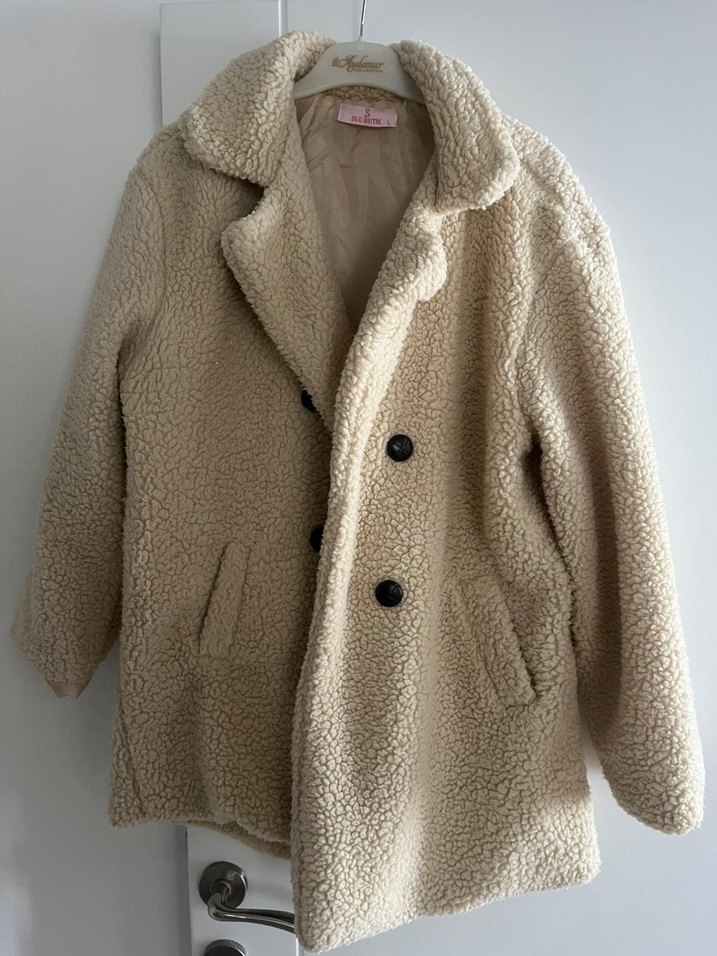 Bej Kadın Midi Boy Peluş Kaban - Görsel 5