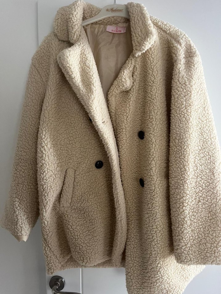 Bej Kadın Midi Boy Peluş Kaban - Görsel 4