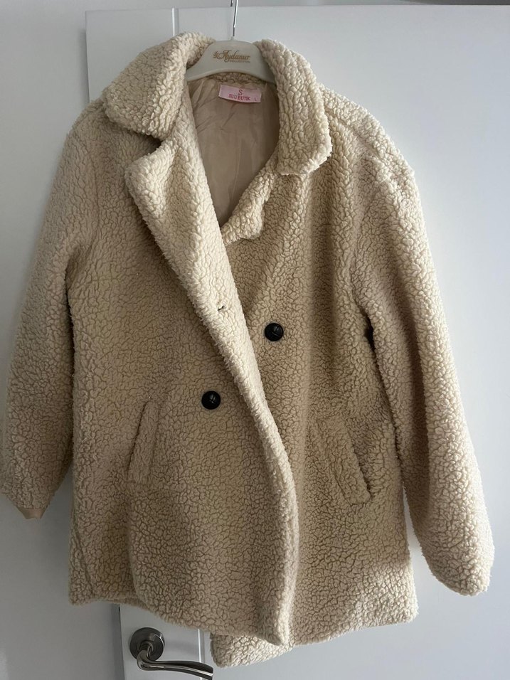 Bej Kadın Midi Boy Peluş Kaban - Görsel 3