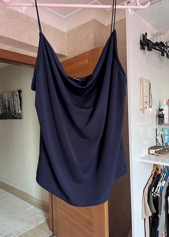 River Island Lacivert degaje yaka Drapeli Kadın Bluz