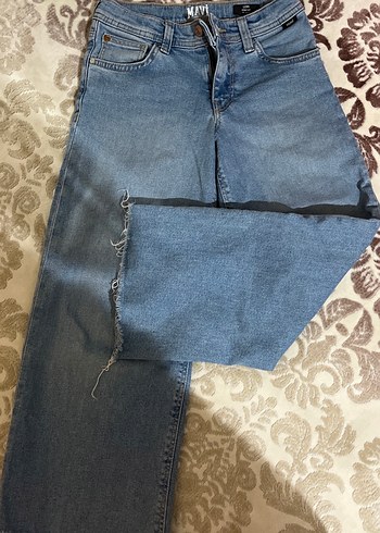 Düğmeli Mavi Bol Kesim Midi Kot Pantolon - Görsel 2