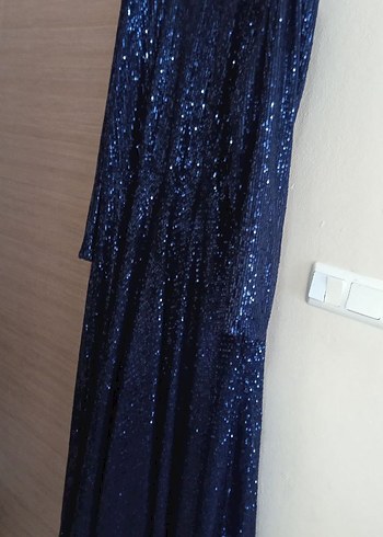 Lacivert Drapeli Uzun Kollu Abiye Elbise - Görsel 3