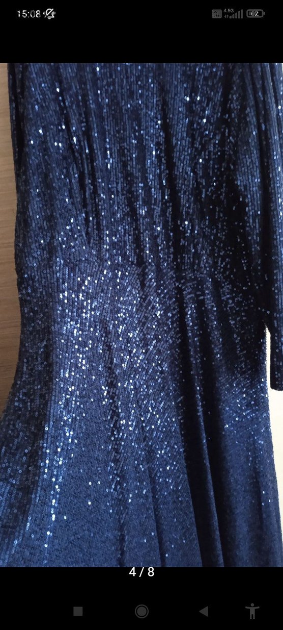 Lacivert Drapeli Uzun Kollu Abiye Elbise - Görsel 4