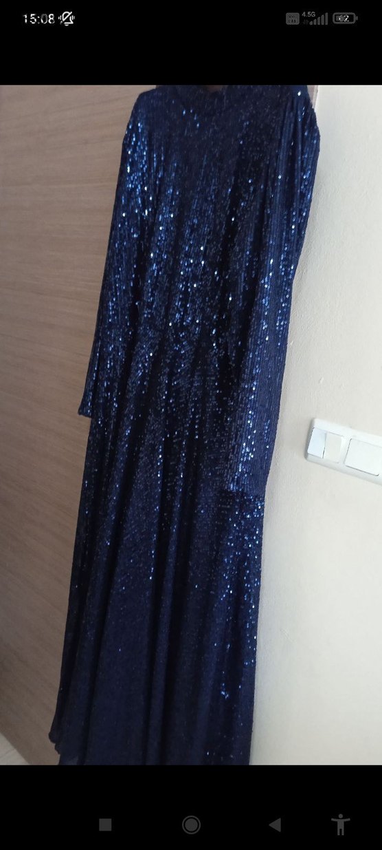 Lacivert Drapeli Uzun Kollu Abiye Elbise - Görsel 3