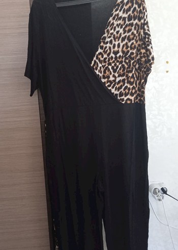 büyük beden Leopar Desenli V Yaka tulum - Görsel 2