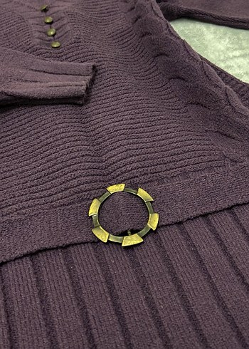 Düğmeli Mor V Yaka Kadın Triko Kazak vintage - Görsel 2