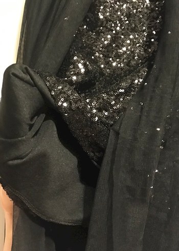 Straplez Siyah Uzun Abiye Elbise Payetli pullu tül - Görsel 6