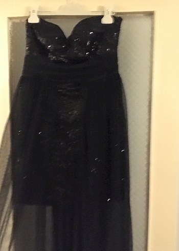 Straplez Siyah Uzun Abiye Elbise Payetli pullu tül - Görsel 4