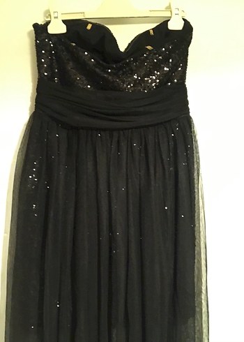 Straplez Siyah Uzun Abiye Elbise Payetli pullu tül - Görsel 5