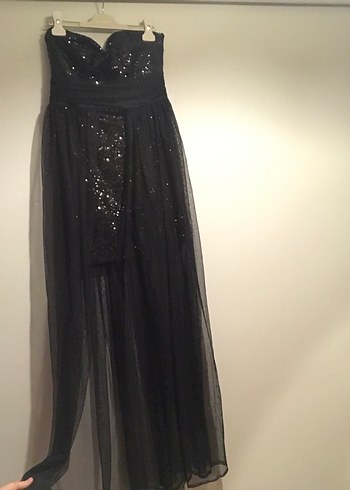 Straplez Siyah Uzun Abiye Elbise Payetli pullu tül - Görsel 7