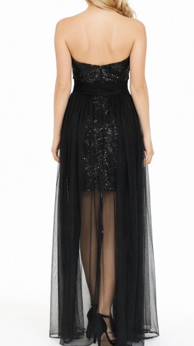 Straplez Siyah Uzun Abiye Elbise Payetli pullu tül - Görsel 2