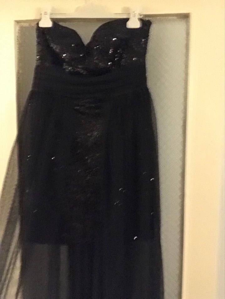 Straplez Siyah Uzun Abiye Elbise Payetli pullu tül - Görsel 4