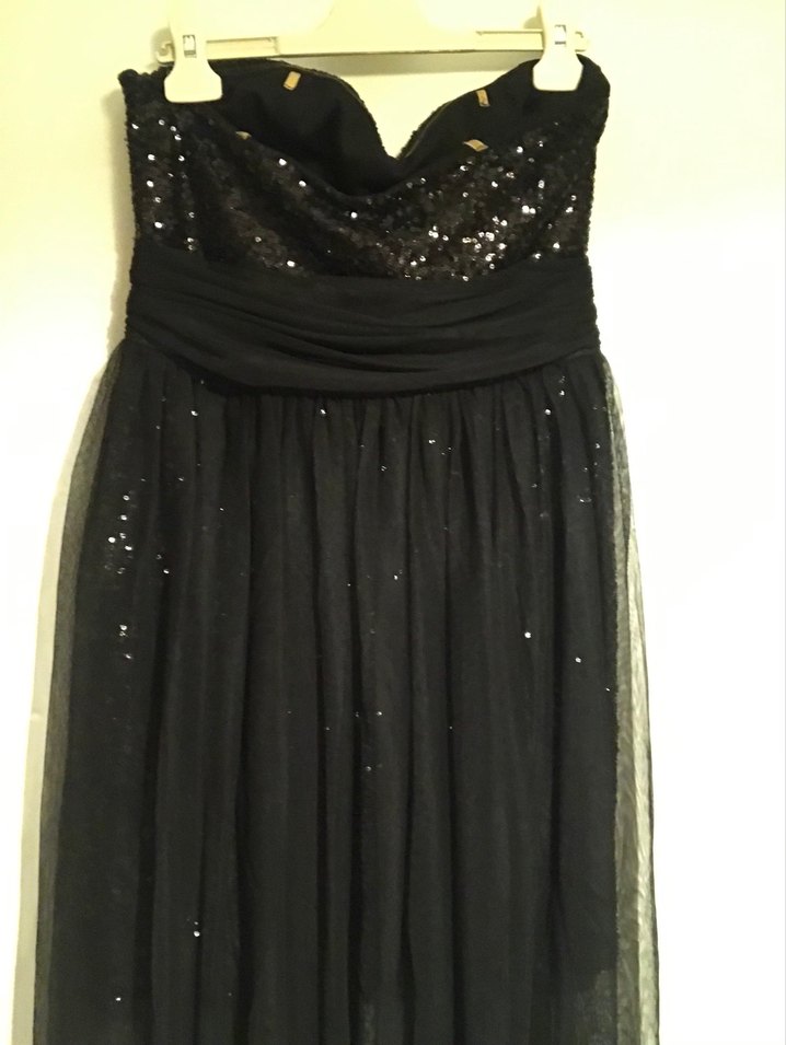 Straplez Siyah Uzun Abiye Elbise Payetli pullu tül - Görsel 5