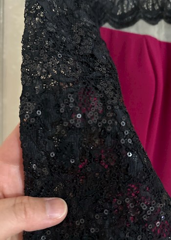 40 Beden bordo Renk Bordo Dantel Detaylı Uzun Kollu Midi Elbise