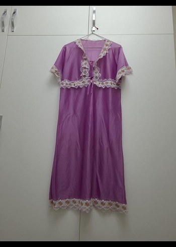 Mor Nakışlı Uzun Vintage Kadın Gecelik - Görsel 4