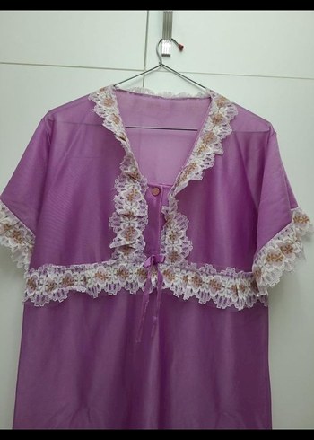 Mor Nakışlı Uzun Vintage Kadın Gecelik - Görsel 2