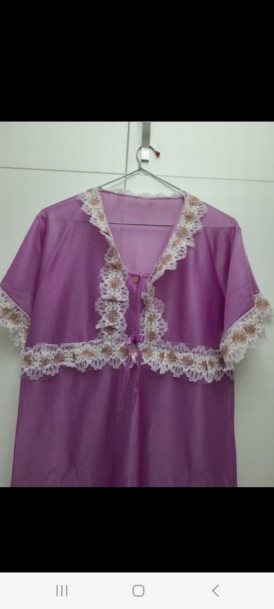 Mor Nakışlı Uzun Vintage Kadın Gecelik - Görsel 2