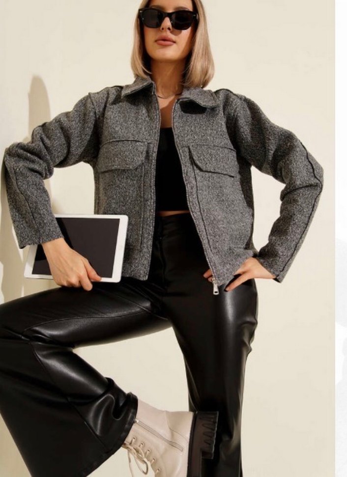 Gri Kadın Kısa Fermuarlı Ceket - Görsel 2