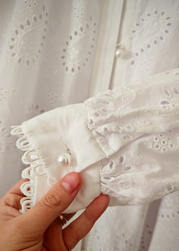 diğer Beden beyaz Renk İnci Düğme Detaylı Fistolu Beyaz elbise