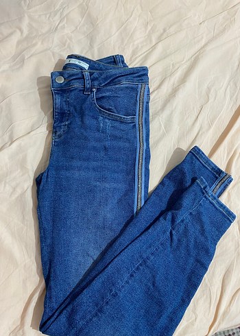 Gri Çizgili Fermuarlı Mavi Kadın Kot Pantolon