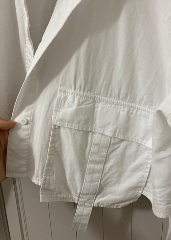 Düğmeli Beyaz Keten Kadın Gömlek - Görsel 2