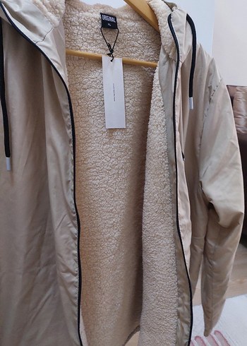 Bej Kadın Midi Kaban, Fermuarlı, Rahat Kesim - Görsel 3