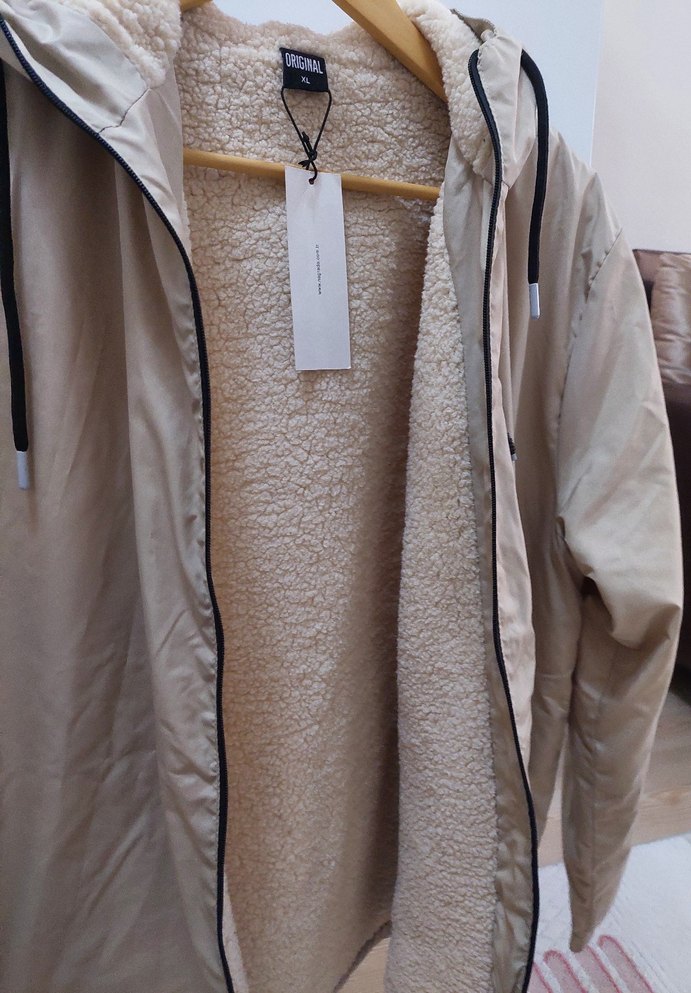 Bej Kadın Midi Kaban, Fermuarlı, Rahat Kesim - Görsel 3