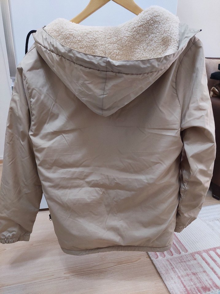 Bej Kadın Midi Kaban, Fermuarlı, Rahat Kesim - Görsel 4