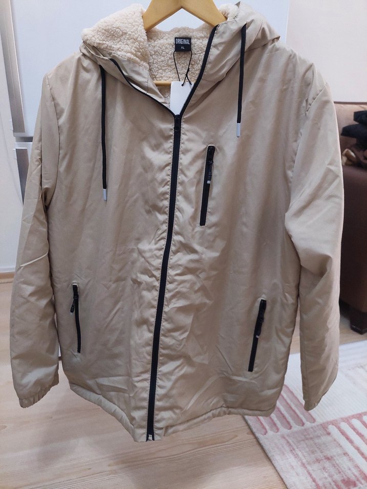 Bej Kadın Midi Kaban, Fermuarlı, Rahat Kesim - Görsel 5