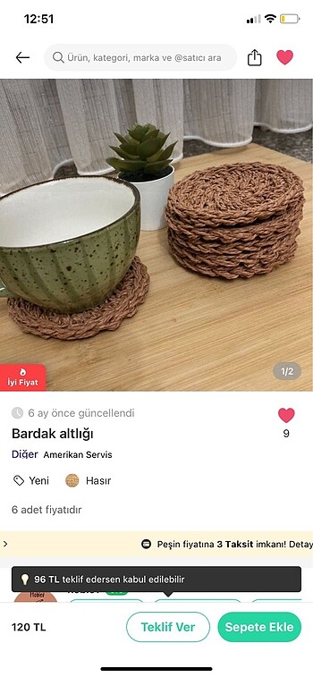 Bardak altlığı 6 adet