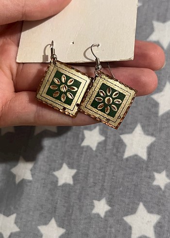 Yeşil Nakışlı Mini Bohem vintage Küpe - Görsel 4