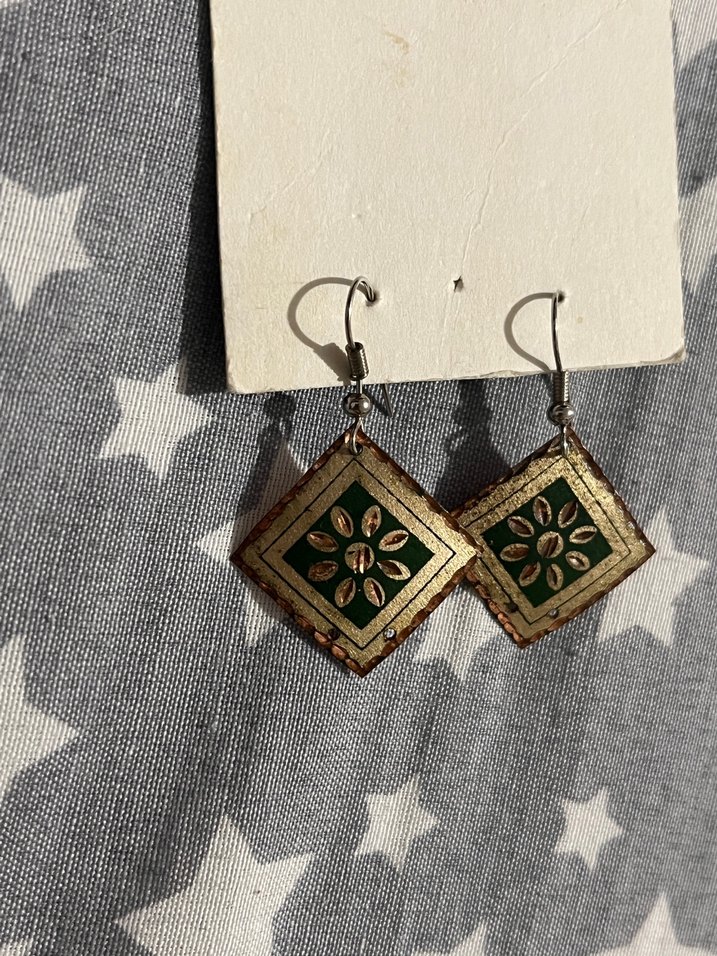 Yeşil Nakışlı Mini Bohem vintage Küpe - Görsel 2