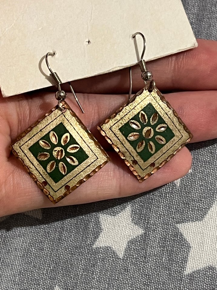 Yeşil Nakışlı Mini Bohem vintage Küpe - Görsel 3