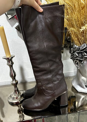 Kahverengi Orijinal Deri Dizüstü Topuklu Kadın Çizme - Görsel 3
