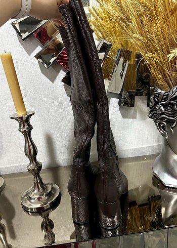 Kahverengi Orijinal Deri Dizüstü Topuklu Kadın Çizme - Görsel 4