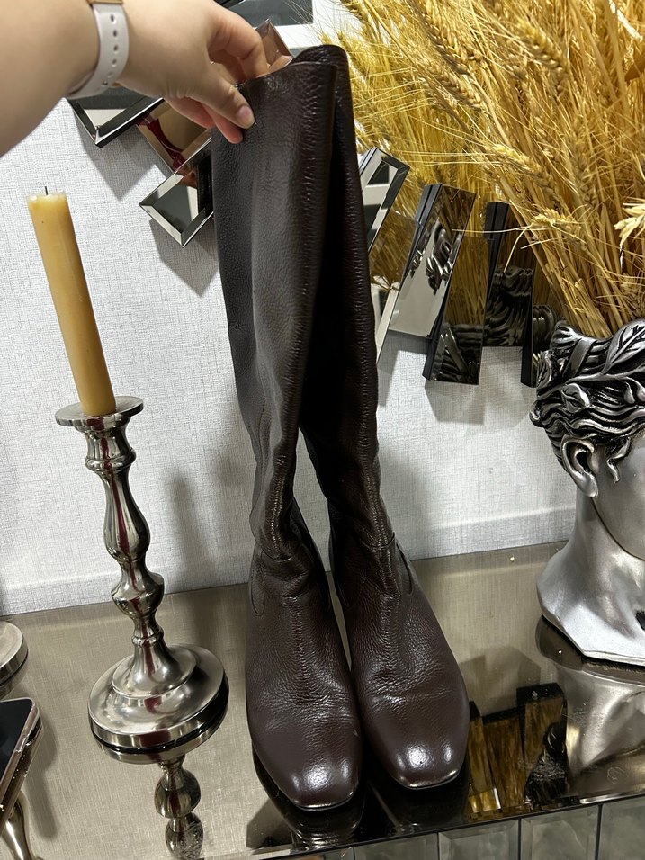 Kahverengi Orijinal Deri Dizüstü Topuklu Kadın Çizme - Görsel 2