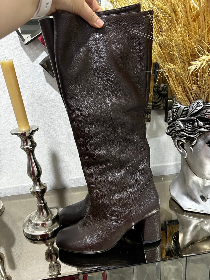 Kahverengi Orijinal Deri Dizüstü Topuklu Kadın Çizme - Görsel 3
