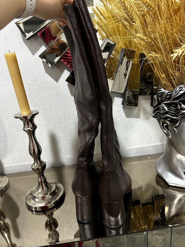 Kahverengi Orijinal Deri Dizüstü Topuklu Kadın Çizme - Görsel 4