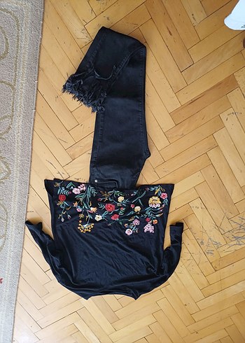 28 Beden Kadın Gri Kot Pantolon, Kemerli, Midi Boy