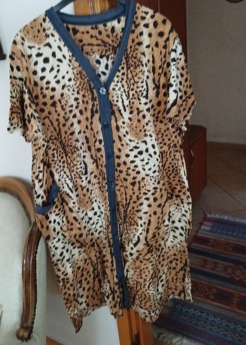 Leopar Desenli Uzun Bol Kesim Kadın Elbise - Görsel 3