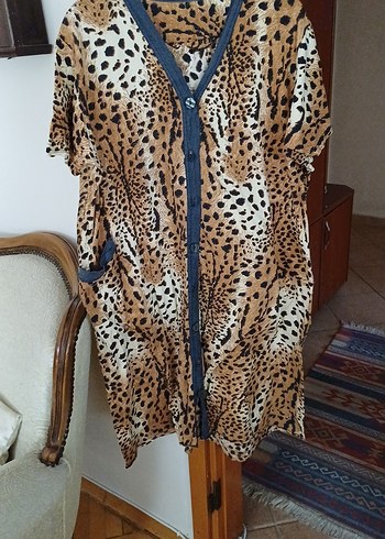 Leopar Desenli Uzun Bol Kesim Kadın Elbise - Görsel 4