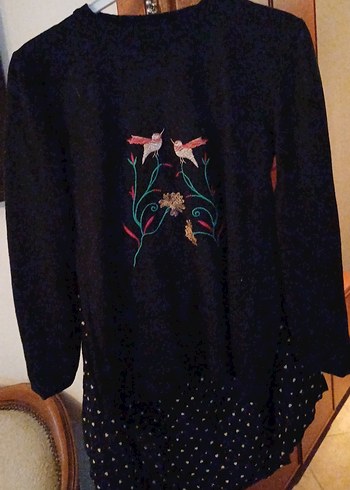 Uzun Kollu Nakışlı Siyah Hamile Tunik - Görsel 2