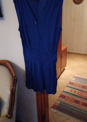 Mavi Keten V Yaka Kolsuz Tulum - Görsel 3