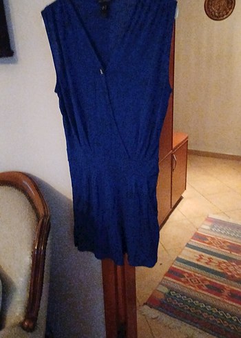 Mavi Keten V Yaka Kolsuz Tulum - Görsel 2