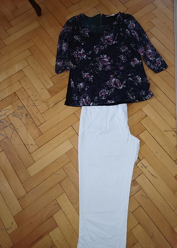 Dantel Detaylı çiçekli buluz pantalon bel 44