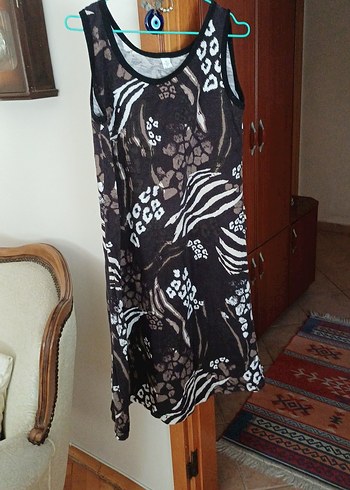 Kahverengi Zebra Desenli Uzun Elbise