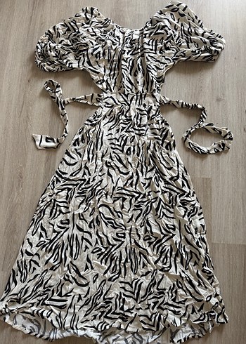 s Beden Zebra Desenli kemer Detaylı Uzun Keten Elbise