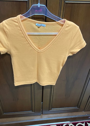 38 Beden sarı Renk V Yaka Sarı Tişörtü, Kısa Kollu, crop bluz
